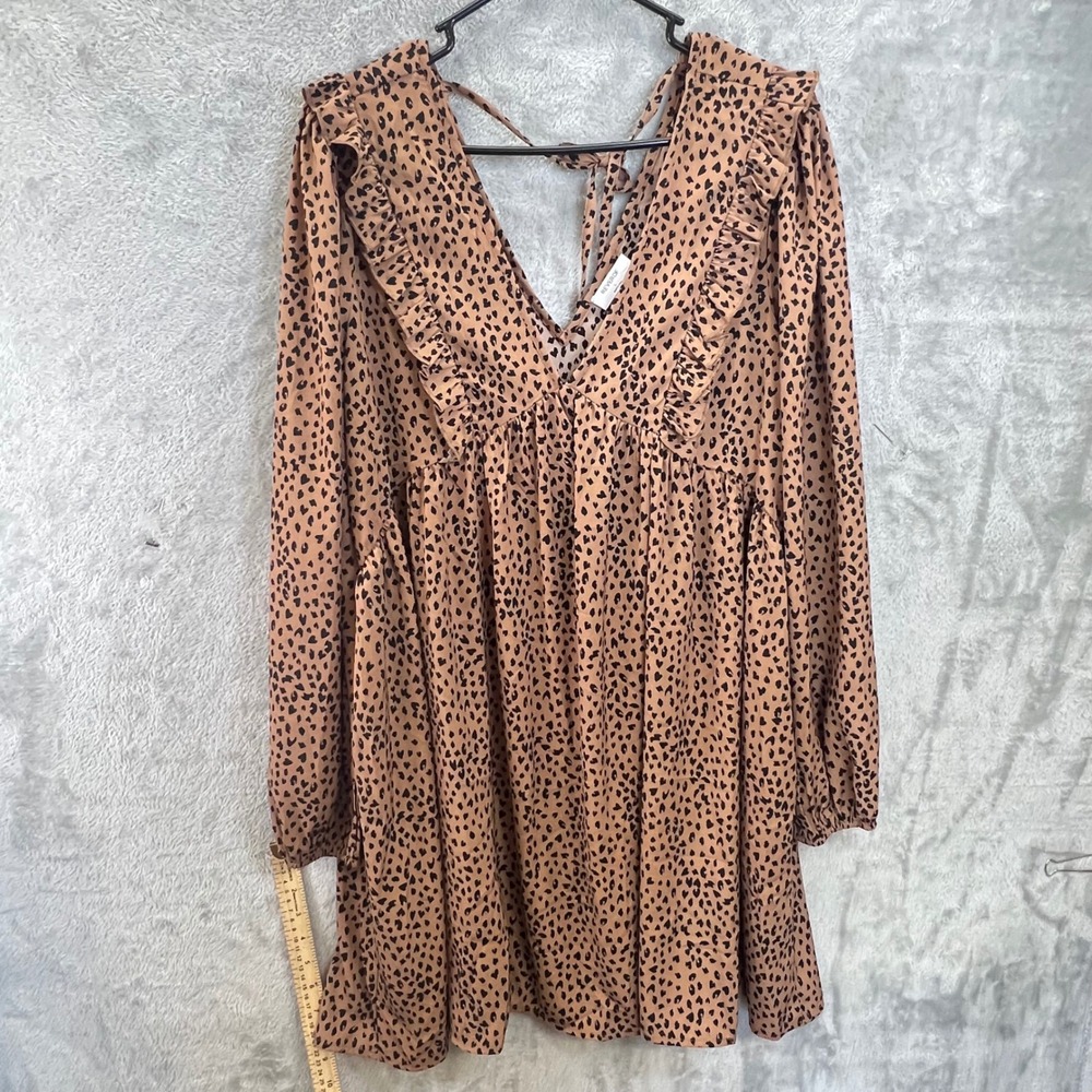 REVEROF Tan Leopard Print Ruffle V-Neck Babydoll Mini Dress Large Boho Chic‎